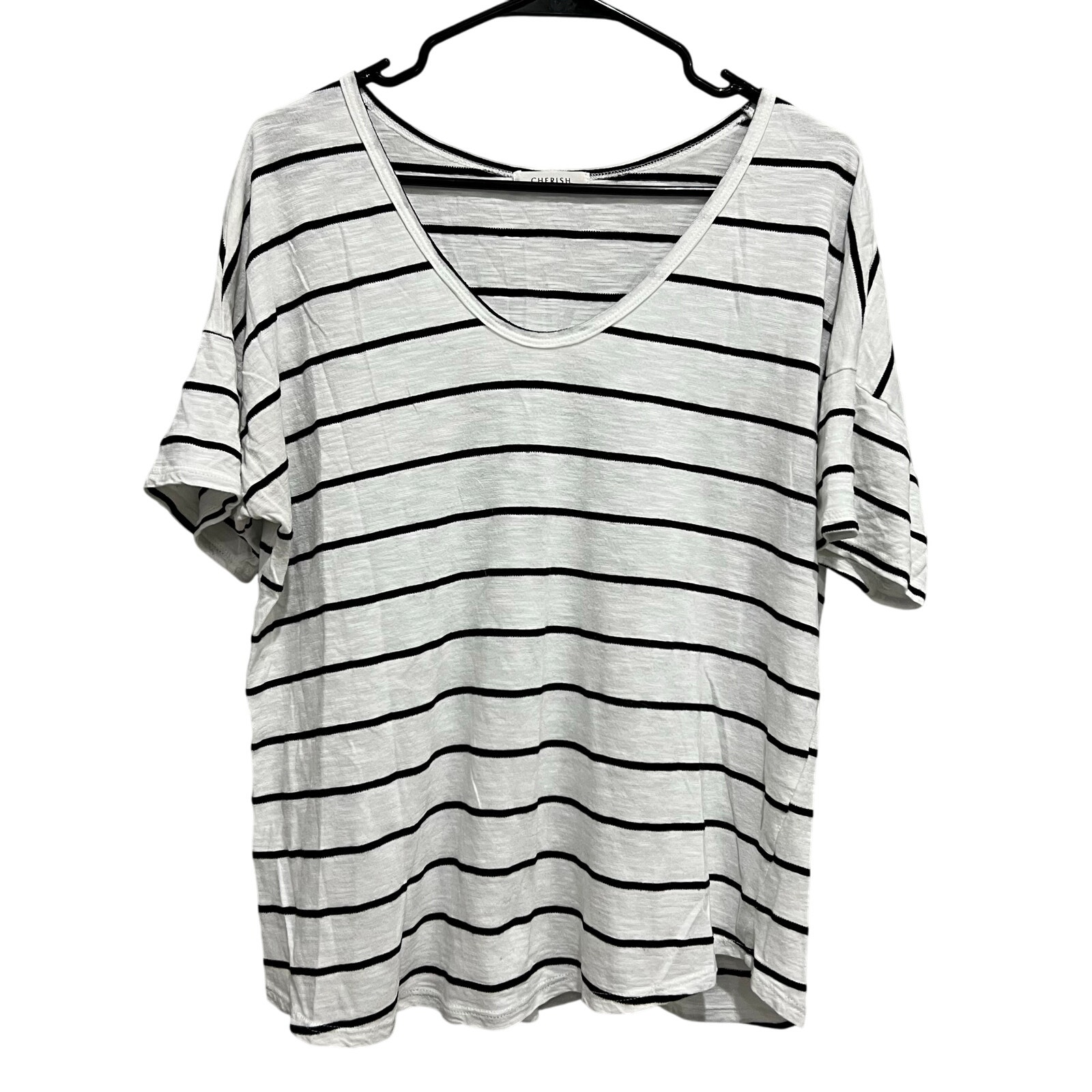 Cherish Boutique Scoop Neck Black + White Striped Top Medium